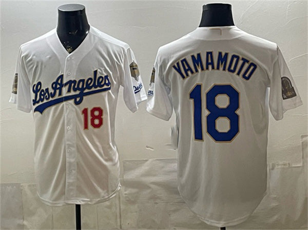 Los Angeles Dodgers #18 Yoshinobu Yamamoto White Fedasgoge 2026 Gold Collection 9x & B2B Champs Patch Stitched Jersey