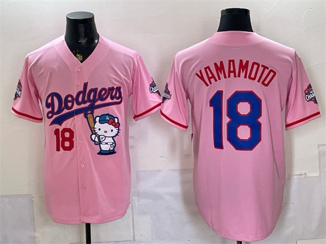 Los Angeles Dodgers #18 Yoshinobu Yamamoto Pink Fedasgoge Hello Kitty Night 2025 World Series Champions Patch Stitched Jersey