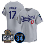 Los Angeles Dodgers #17 Shohei Ohtani Grey Fedasgoge 2024 World Series With Fernando Memorial Patch Limited Stitched Jersey