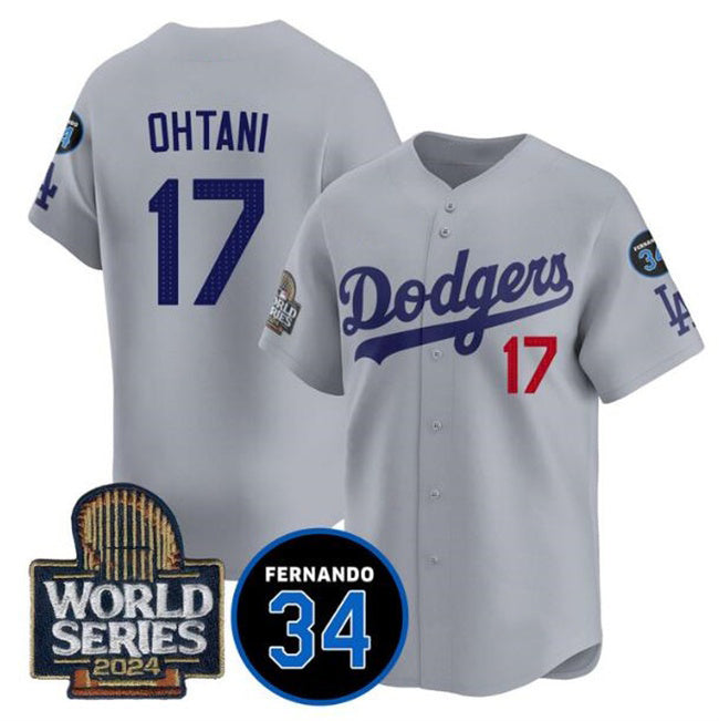 Los Angeles Dodgers #17 Shohei Ohtani Grey Fedasgoge 2024 World Series With Fernando Memorial Patch Limited Stitched Jersey