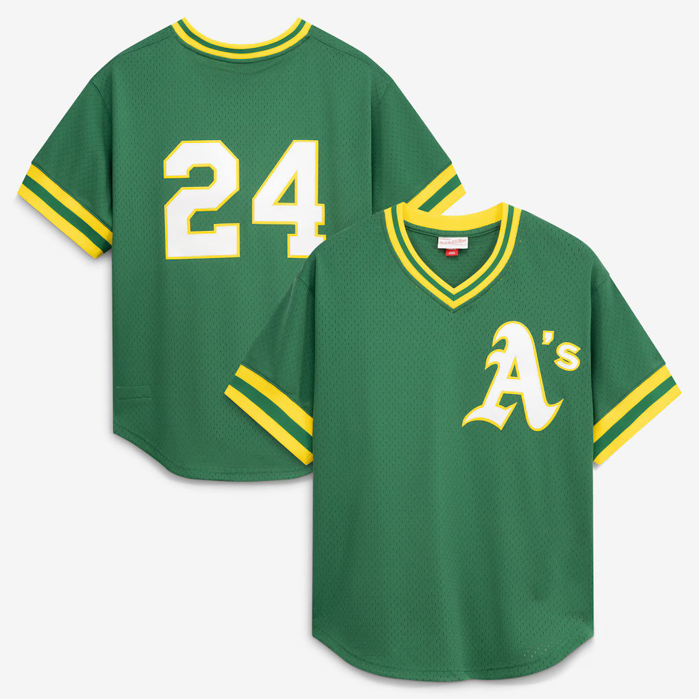 Oakland Athletics #24 Rickey Henderson Mitchell & Ness Green Fedasgoge Authentic Batting Practice Jersey 2