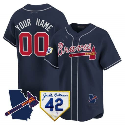 Custom Atlanta Braves 2024 Robinson & Georgia Patch Vapor Premier Limited Jersey ¨C Navy Fedasgoge