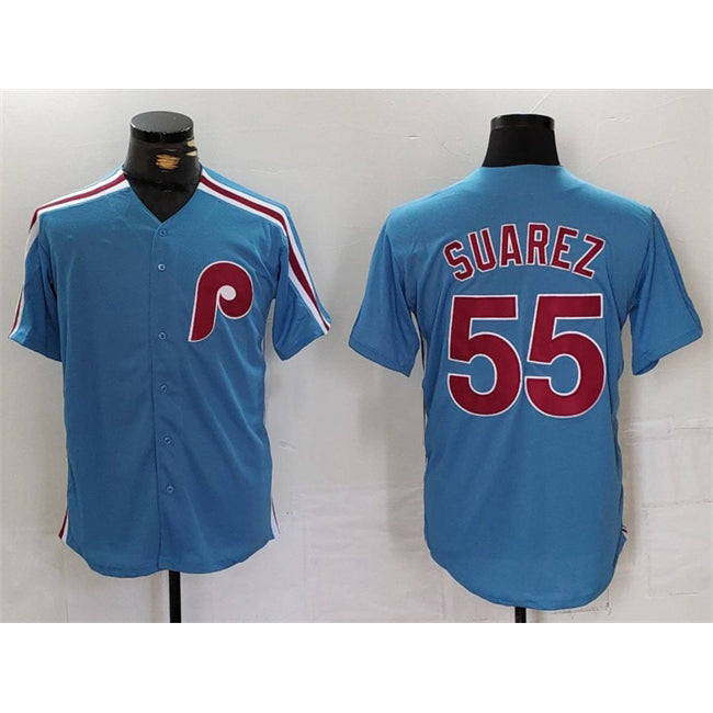Philadelphia Phillies #55 Ranger Su¨¢rez Blue Fedasgoge Cool Base Stitched Jersey