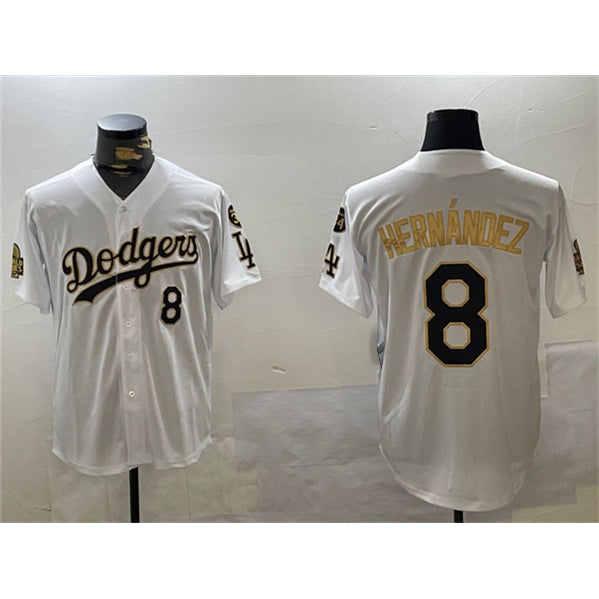 Los Angeles Dodgers #8 Enrique Hernandez White Fedasgoge Gold 2024 World Series With Fernando Memorial Patch Home Limited Stitched Jersey