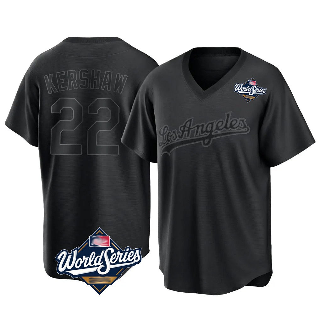 Los Angeles Dodgers #22 Clayton Kershaw Player Black Fedasgoge World Series Pitch Fashion T-shirt Stitched Jerseys
