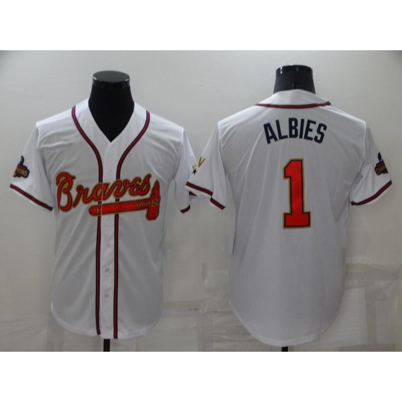 Atlanta Braves #1 Ozzie Albies 2022 White Gold FOULKSSHOP World Series Champions Program Cool Base Stitched Jersey