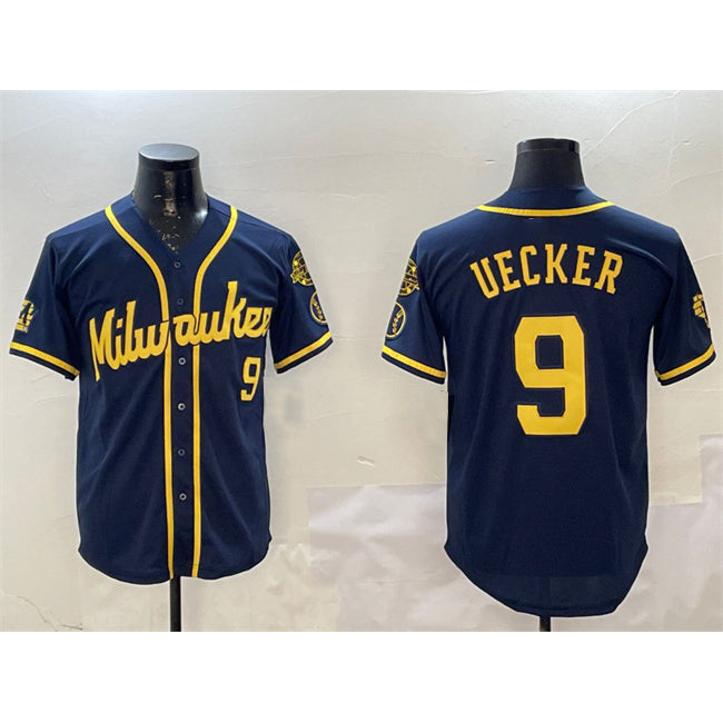 Milwaukee Brewers #9 Bob Uecker Navy Fedasgoge With Home Patch Limited Stitched Jersey