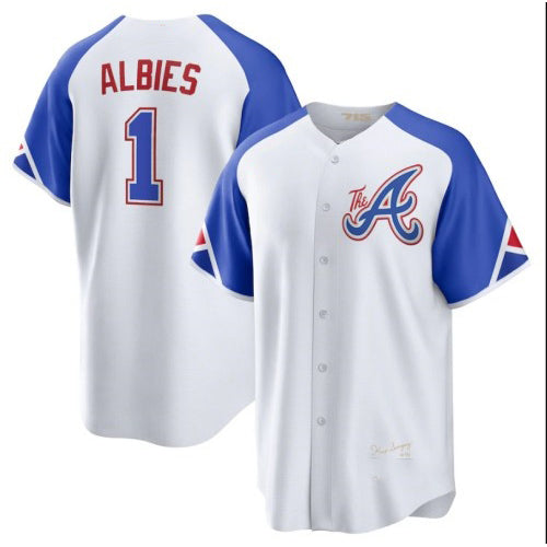 Atlanta Braves #1 Ozzie Albies White FOULKSSHOP 2023 City Connect Cool Base Stitched Jersey