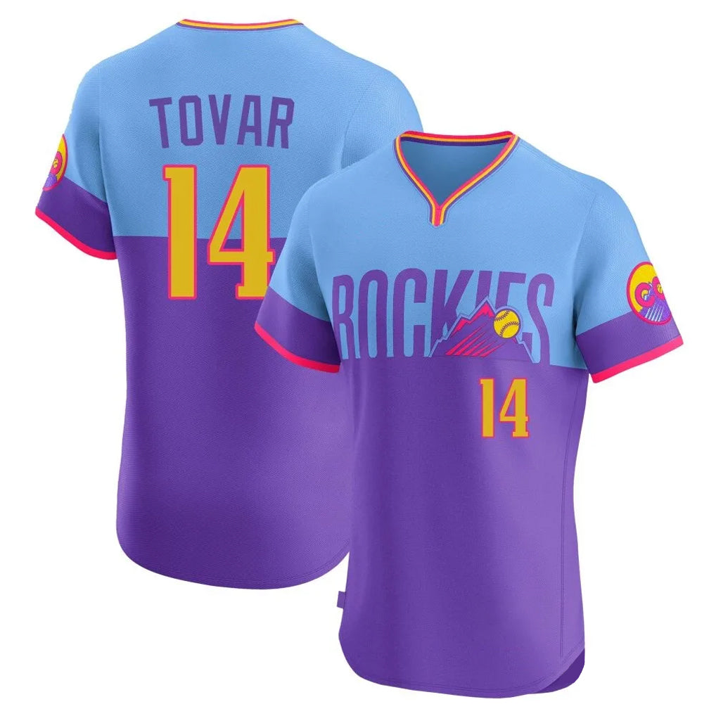 Colorado Rockies #14 Ezequiel Tovar Player Purple-Light Blue Fedasgoge City Connect Limited Elite Home T-shirt Stitched Jerseys