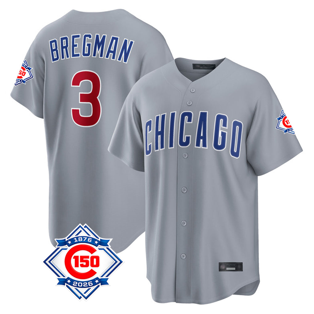 Chicago Cubs #3 Alex Bregman Player Gray Fedasgoge 150th Anniversary Home Game Stitched Jerseys