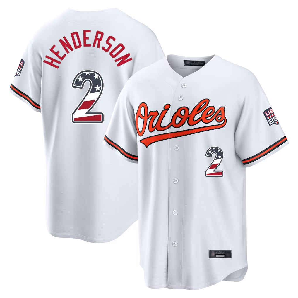Baltimore Orioles #2 Gunnar Henderson Player White Fedasgoge USA 250 Fourth of July Home Game Stitched Jerseys