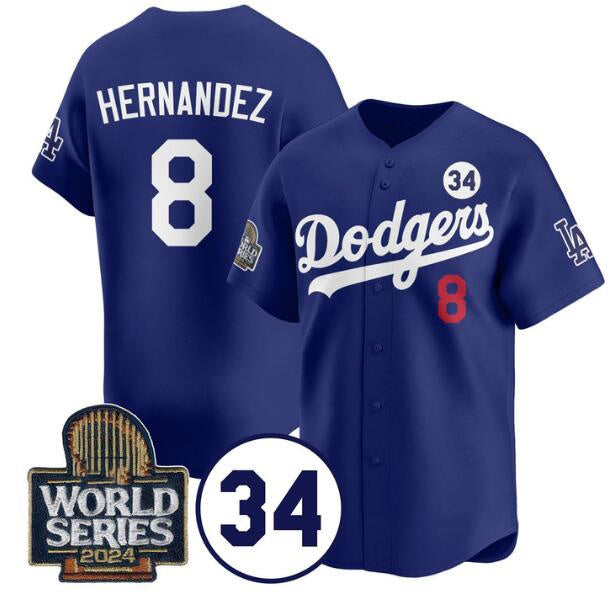 Los Angeles Dodgers #8 Enrique Hernandez Royal Fedasgoge 2024 World Series With No. 34 Patch Limited Stitched Jersey