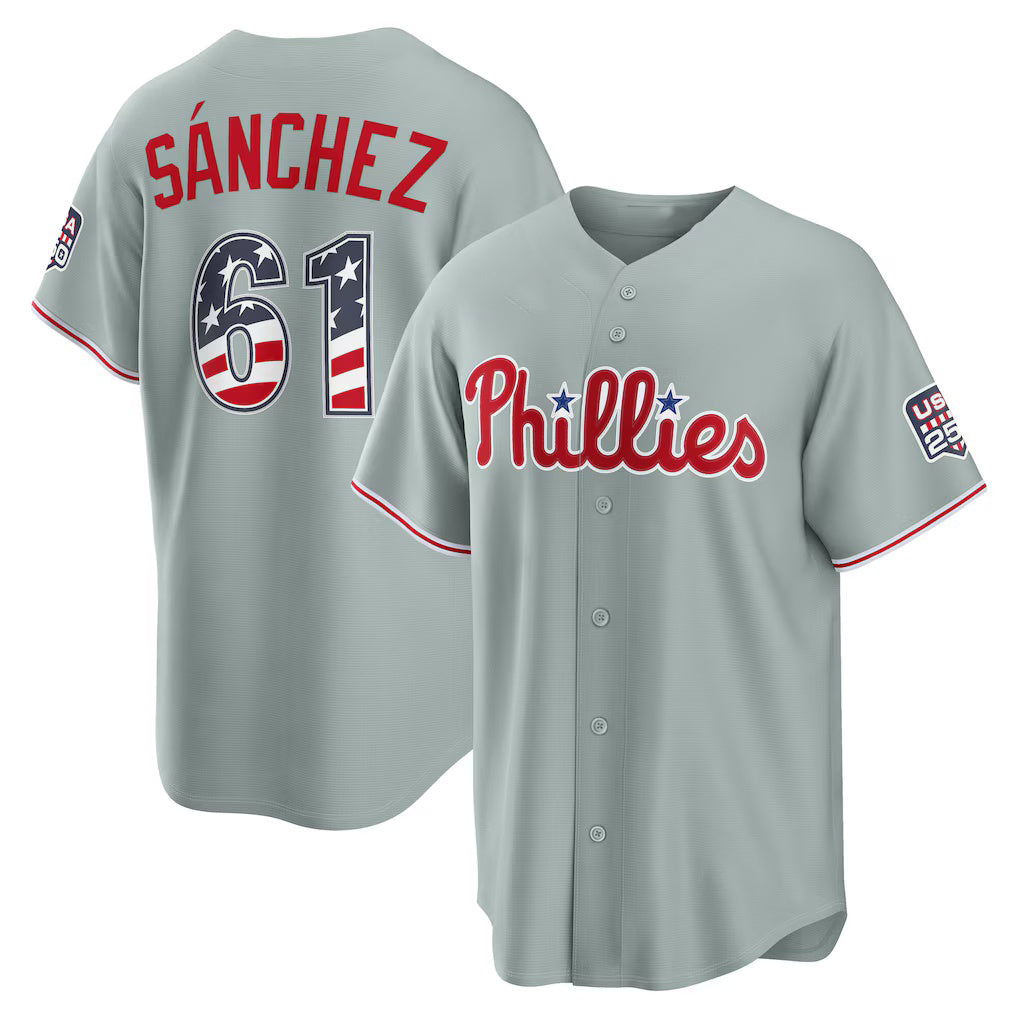 Philadelphia Phillies #61 Cristopher Sanchez USA 250 Fourth of July Road Stadium Jersey - Gray Fedasgoge