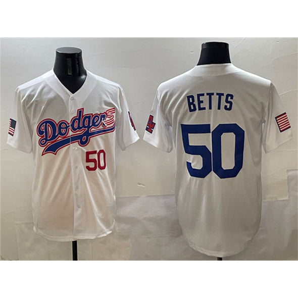 Los Angeles Dodgers #50 Mookie Betts White Fedasgoge With American Flag Patch Limited Stitched Jersey