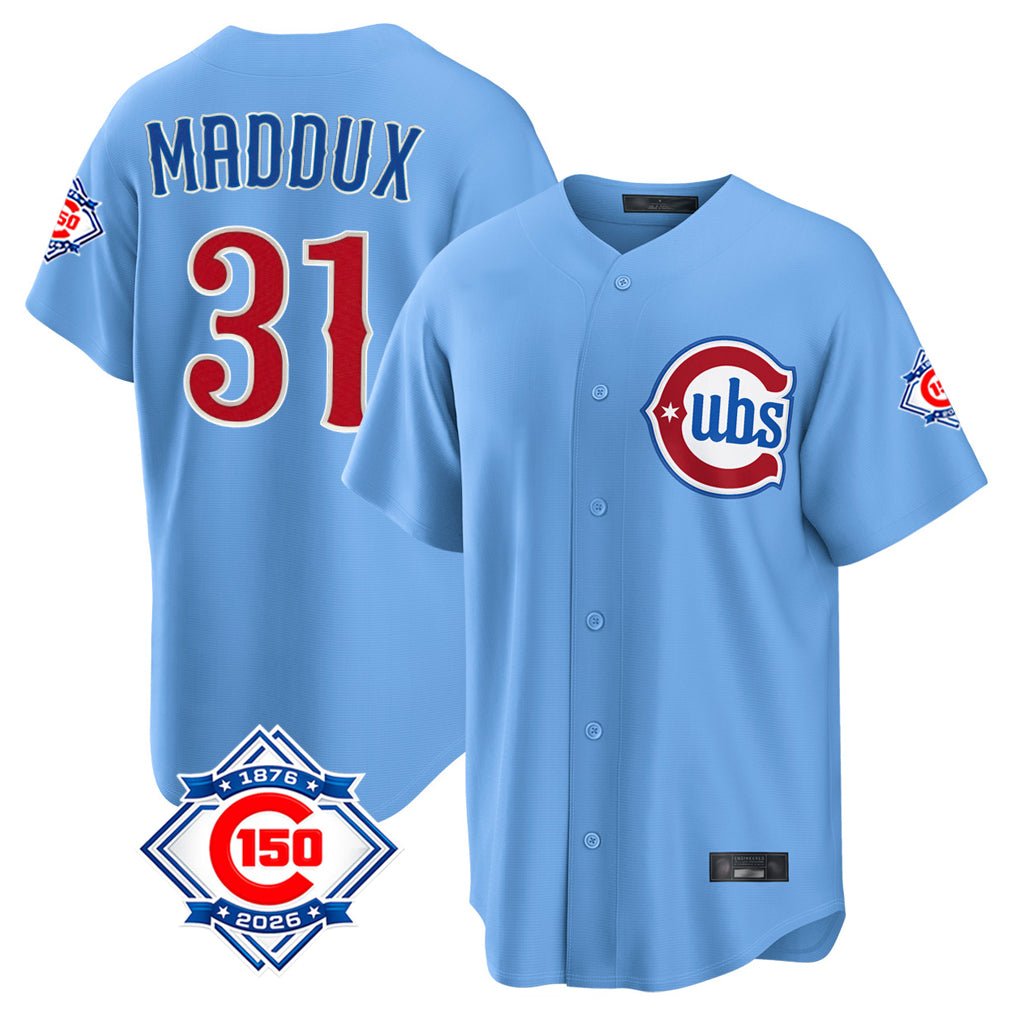 Chicago Cubs #31 Greg Maddux Player Light Blue Fedasgoge 150th Anniversary Home Game Stitched Jerseys