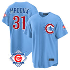 Chicago Cubs #31 Greg Maddux Player Light Blue Fedasgoge 150th Anniversary Home Game Stitched Jerseys