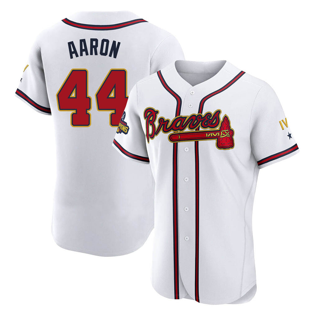 Atlanta Braves #44 Hank Aaron Player White Gold Fedasgoge Limited Elite Home Game Stitched Jerseys