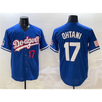 Los Angeles Dodgers #17 Shohei Ohtani Royal Fedasgoge With American Flag Patch Limited Stitched Jersey