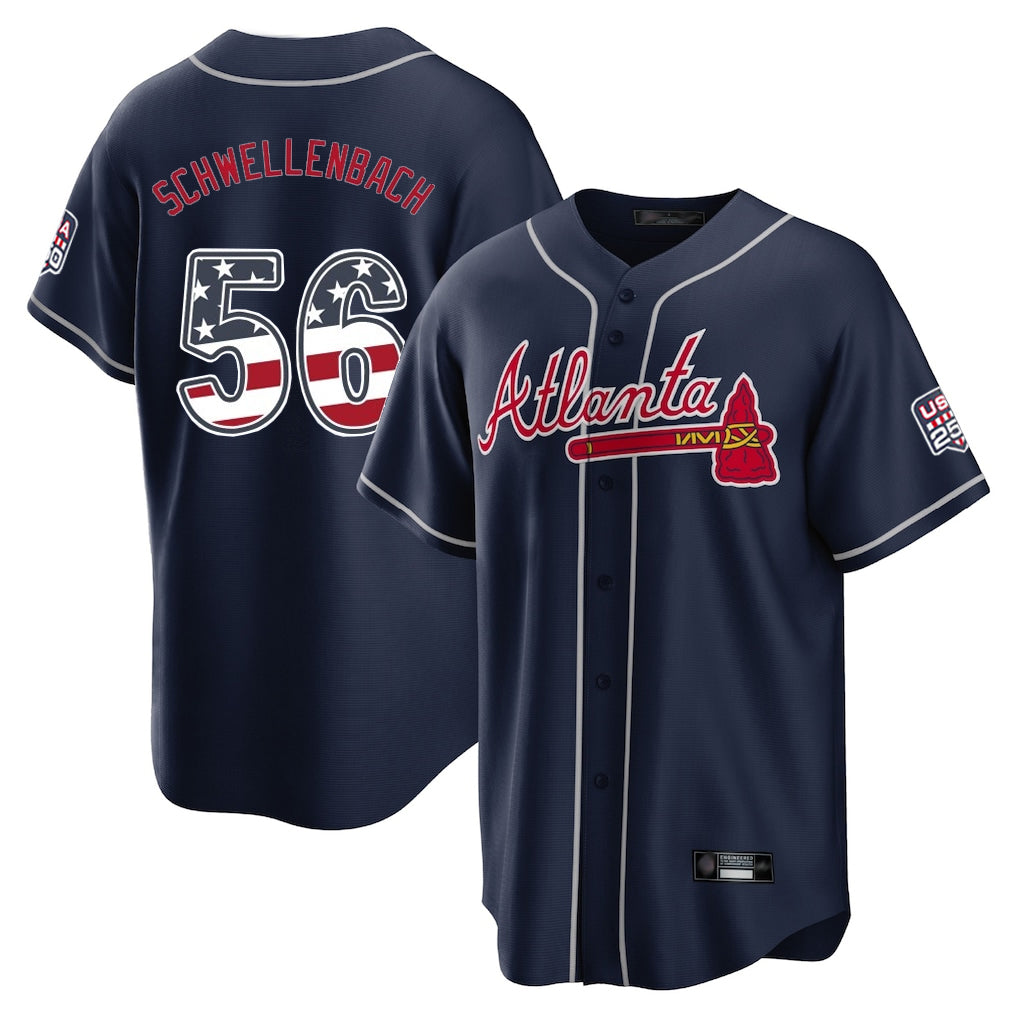 Atlanta Braves #56 Spencer Schwellenbach Player Navy Fedasgoge USA 250 Fourth Of July Limited Home Game Stitched Jerseys