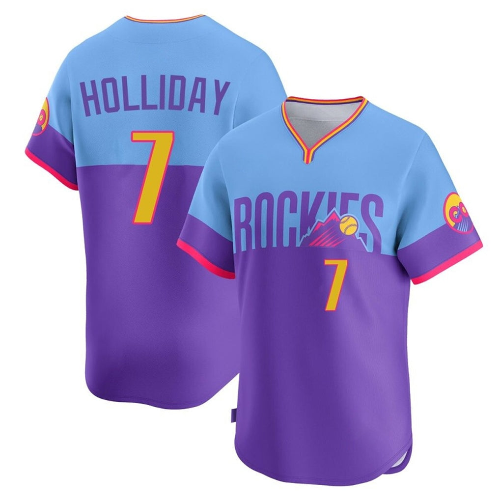 Colorado Rockies #7 Matt Holliday Player Purple-Light Blue Fedasgoge City Connect Limited Home T-shirt Stitched Jerseys