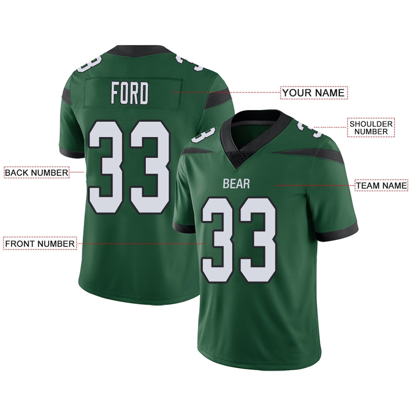Custom Football Jerseys Team Player or Personalized Design Your Own Name for Men's Women's Youth Jerseys Green